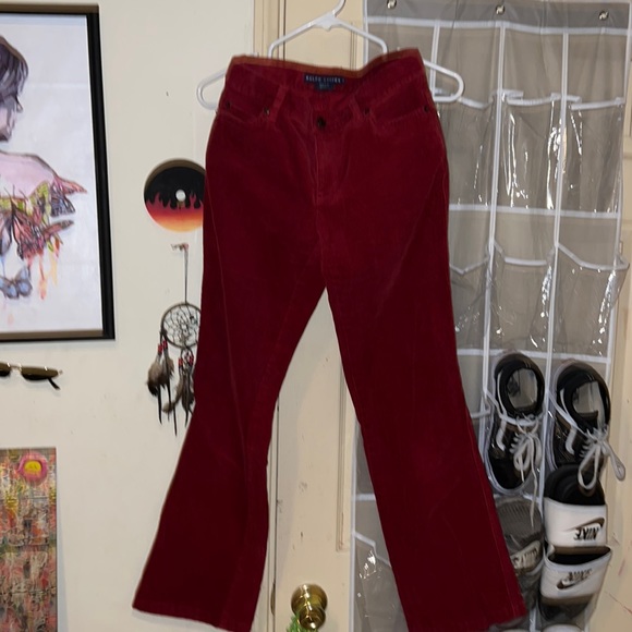 These are a pair of red Ralph Lauren jeans boot cut